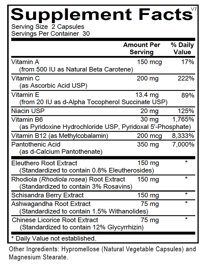 adrenal health 2-capsule serving supplement label