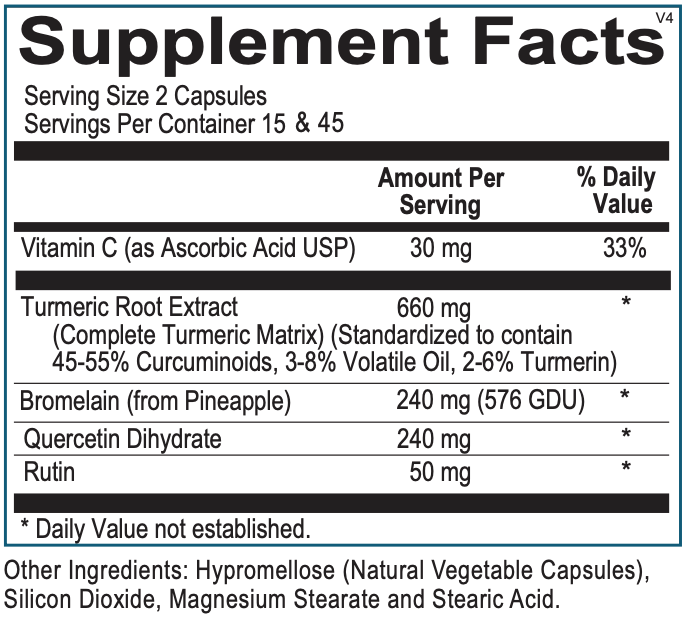 Inflamma Support Supplement Facts label detailing turmeric matrix, bromelain, quercetin, and rutin content
