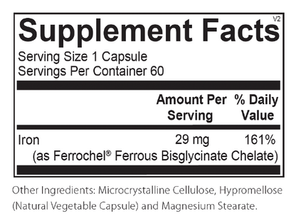 Supplement facts panel showing 29mg of Ferrochel® chelated iron
