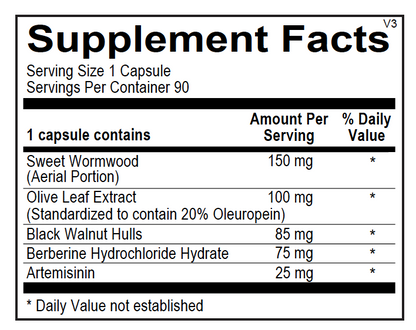 Supplement facts label for Para Blend parasite cleanse